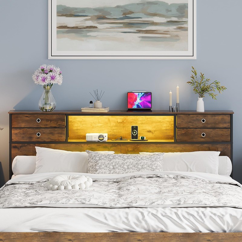 GiftGo King Size Headboard with 4 Fabric Storage Drawers Charging