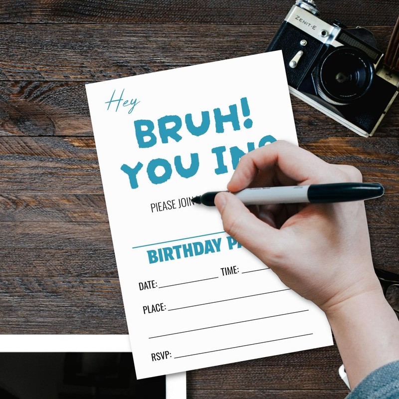 WENFLY Hey Bruh You In Birthday Party Invitations, Minimalist Blue-Style