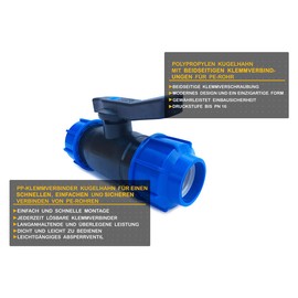 PP Ball Valve 2-Way Clamping Sleeve 20 x 20 mm Clamp x Clamp PP Clamp Fitting Clamp Connector PP Ball Valve PP Stop Valve with Double-Sided Compression Fitting for PE Pipes Shut-off Ball Valve PN 16