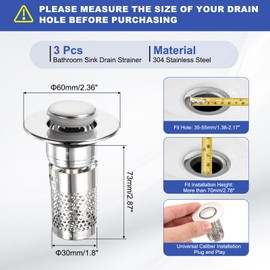 sourcing map 3Pcs Bathroom Sink Drain Strainer, Sink Stopper Hair Catcher with Removable 304 Stainless Steel Filter Basket 2.9" x 2.4" Fit 1.4"-2.1" Hole for Bathroom Sink Stopper Replacement