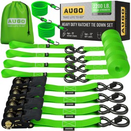 AUGO Heavy Duty Ratchet Straps & Soft Loops – Pack of 4 Extra Strong 1.5” by 10’ Ratchet Straps w/S-Hook Safety Latches & 4 Soft Loop Tie Downs – 4400Lb Break Strength for Motorcycles, ATVs, Etc.