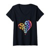 Womens Mini Heart with Colorful Leopard Print Design V-Neck T-Shirt