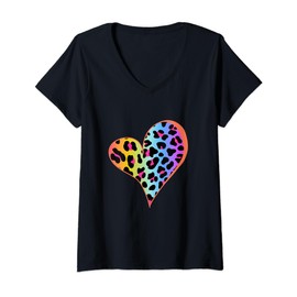 Womens Mini Heart with Colorful Leopard Print Design V-Neck T-Shirt