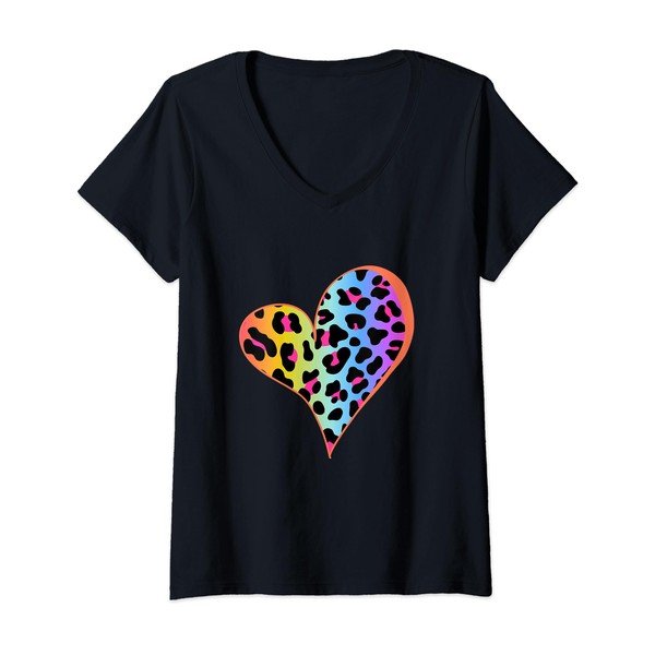Womens Mini Heart with Colorful Leopard Print Design V-Neck T-Shirt