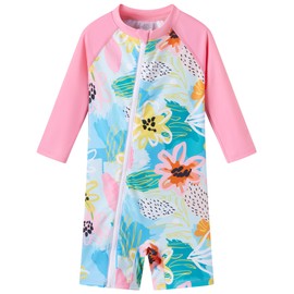 UMELOK Baby Girls' One Piece Swimsuit Infant Swimwear Rash Guard Swim Suit Full Zip with Long Sleeve UPF 50+ Sun Protection Swimsuit Pink，Yellow Flowers,9M