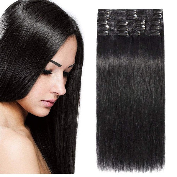 Clip-In Real Hair Extensions, Remy Real Hair, Double Drawn, 8 Wefts, 18 Clips, Thick to the End, Straight, 60 cm - 120 g, Black #01