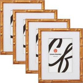 Craig Frames Faux Bamboo, 16x16 Picture Frame Matted for a 12x12 Photo, Vintage Gold, Set of 4