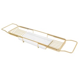 Expandable Bathtub Tray Caddy for Luxury Bath, Extra Wide Acrylic Tub Tray with Natural Marble Board, Waterproof Bath Tub Shelf for Phone, Wine, Book, Tablet Stand - Ideal Home Spa (Gold, White)