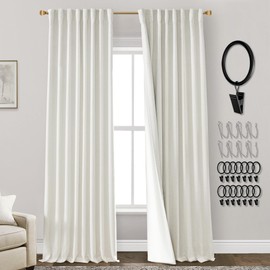 90 Inch Long Blackout Curtains for Living Room,2 Panel Set Pleated Linen Cream Ivory Boho Black Out Darkening Insulated Thermal Curtains for Sliding Glass Patio Door,Hooks Back Tab,52x90 in Length