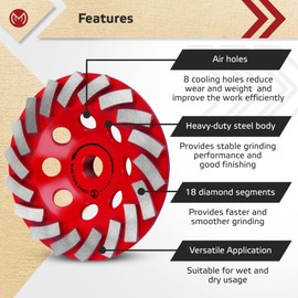 MonoPro Diamond Grinding Wheel 4 1/2 inch for Angle Grinder, Concrete Grinding Wheel 18 Segments, Cup Grinding Wheel, Turbo Row Diamond Cup Wheel for Grinding Concrete, Cement, Masonry - Medium Bond