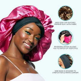 KISS Colors & Care Silky Satin Wide Edge Double Wear Cap XL, Black, Double Sided Reversible Design, Premium Charmeuse Fabric, Protects styles & Retains Moisture, Slip-Free, Comfortable & Durable Overnight Hair Bonnet, All Hair Types & Styles