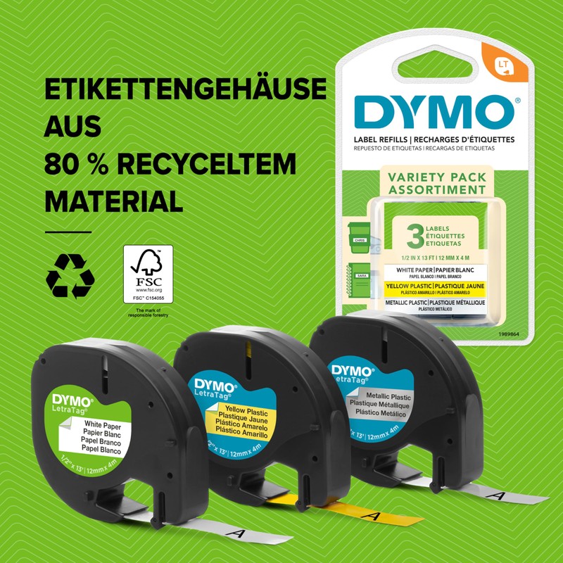 Dymo S0721660 LetraTag Plastic Label Tape, 12 mm, 4 Metre