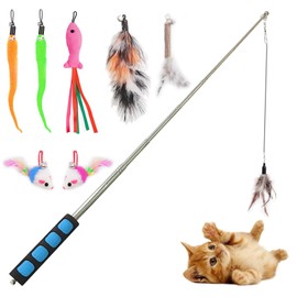 Whefory Cat Fishing Pole for Indoor Cats,Interactive cat Toys with Colorful Feather and Bell. (Blue)