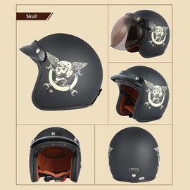 GJH 3/4 Open Face Motorcycle Helmet Matte Black Vintage Skull Design with Visor for Men Women Bobber Scooter ATV Cruiser DOT Approved Cool and Comfortable-181-L
