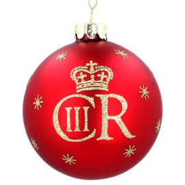 Gisela Graham Royal Matt Red Glass Ball with King Charles Insignia Decoration