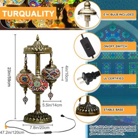 Baquler Turkish Lamp 3 Globes Moroccan Table Lamp with Bronze Base Handmade Colorful Moroccan Bohemian Glass Night Light for Living Room Bedroom Decor