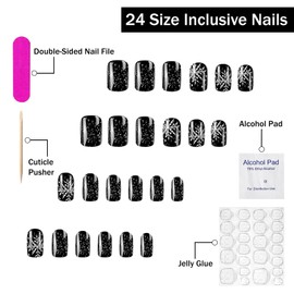 Christmas Fake Nails Medium Square Winter Press on Nails Black Full Cover White Snow False Nails with Snowflake Designs Glossy Glue on Nails Acrylic Nails Artificial Nails for Women Girls 24Pcs