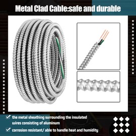 Kingdder Metal Clad Cable, Wire with Ground, Cable with Aluminum Armor, Stranded Solid Copper Conductors, Ground Wire Solid for Indoor Outdoor Underground Embedded Installation(12/2, 100 ft)