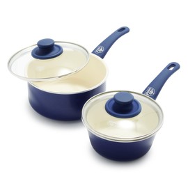 GreenLife Soft Grip 1QT and 2QT Saucepan Set, Healthy Ceramic Nonstick, Non Toxic PFAS & PFOA-Free, Dishwasher Safe, Glass Lids, Stay-Cool Handles, Easy Clean Cookware, Kitchen Essentials, Blue