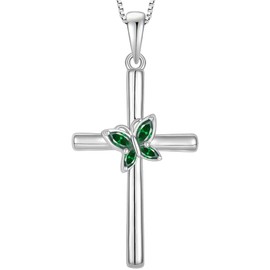 Vesitim Butterfly Cross Necklace 925 Sterling Silver Religious Pendant for Women Birthstone Jewelry Gifts, Sterling Silver, Created Emerald
