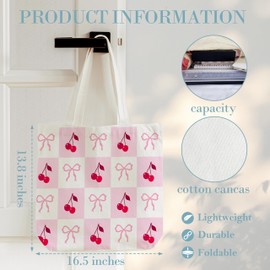 Dr.Baner Pink Bow And Cherry Tote Bag For Women, Cute Coquette Canvas Tote Bag, Reusable Grocery Shopping Bag, Birthday Christmas Gifts For Women Girls E(04)