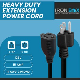 IronBox Electric NEMA 5-15 Heavy Duty Extension Power Cord - 15A, 125V, 14 AWG, 3 Prong - UL Listed Power Cable for Indoor & Outdoor Use - for Generator, Appliance, Computer & More (10ft, Standard)