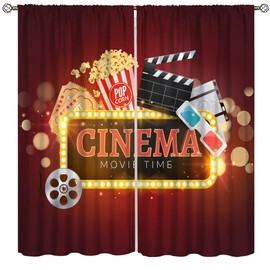 Yoakiet Movie Theater Blackout Curtains, Vintage Old Fashioned Home Theater Popcorn Drinks Print Home Decor Bedroom Living Room Game Room Rod Pocket Window Drapes42x45in