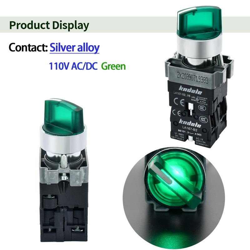 10Amp 22mm 3 Position Rotary Selector Switch with 110V Green