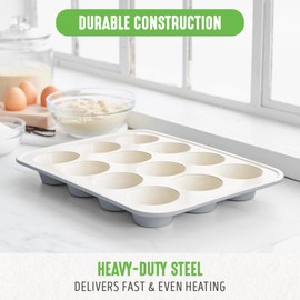GreenLife 12-Cup Muffin Pan, Healthy Ceramic Nonstick Bakeware, PFOA & PFAS-Free Cupcake Sheet, Durable Baking Tray, Versatile Kitchen Essentials, Easy Clean Muffin Mold, Nonstick Baking Pan, Gray