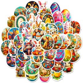 Easter Stickers,Easter Basket Stuffers,50Pcs Retro Easter Egg Bunny Stickers for Kids Girls Adults,Easter Decoration Easter Eggs Bunny Rabbit Stickers for Water Bottles, Laptop Skateboard Stickers