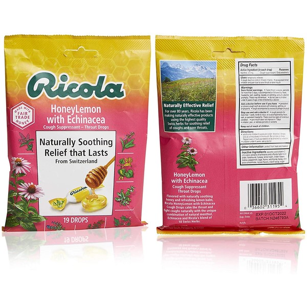 Ricola Honeylemon with Echinacea Cough Suppressant Throat Drop 19 Count