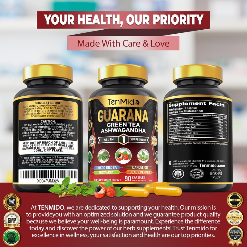 Tenmido Guarana & Green Tea Supplements - 7in1 with Ashwagandha,
