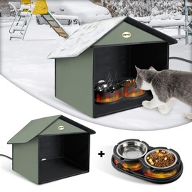 Dreyoo Outdoor Cat Feeding Station with Heated Cat Water Bowl, Weatherproof Kitty Dining Room Outdoor with Heated Pet Bowl for Food and Water, Feral Cat Feeding Station Cat Shelter (Black)