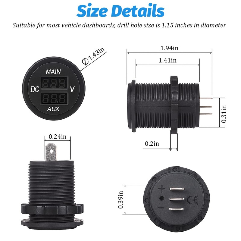 Zpana Car LED Digital Double Voltmeter, DC 12-24V Waterproof Round