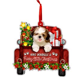 Shih Tzu Dog Ornaments Christmas Tree, Shih Tzu Red Truck Car Aluminum Ornament (NOT 3D), Christmas Decoration 2024 for Shih Tzu Lovers, Dog Mom, Dog Dad, Pet Lovers