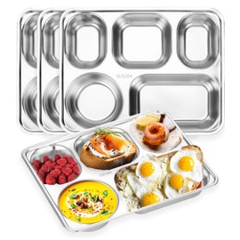Nexboraque 4 Pack 304 Stainless Steel Divided Plates Tray, 5 Sections Small Rectangular Dinner Plates Control Plates for Kids, Picky Eaters, Campers, Diet Food Portion Control