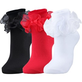 NiceBaby Big Ruffle Socks Women, Cotton Comfort Ankle Ribbed Turn-Cuff Double Lace Cute Frilly Crew Socks Size 5-9 White/Black/Red