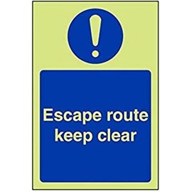 V Safety Glow In The Dark Escape Route Keep Clear Sign - Portrait - 150mm x 200mm - Rigid Plastic