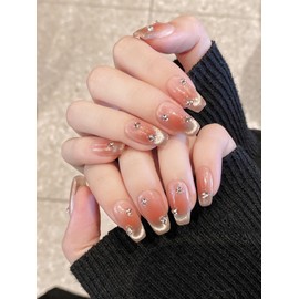 BIBII Nails Handmade False Nails, 10 Pieces, 3D Nails, Medium Length, Floral Pattern, Spring Summer, Korean Style, Popular, Short, Cat Eye, Magnet, 100% Handmade Nails for Easy Application, Reusable