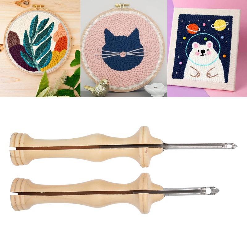 2Pcs Punch Needle Embroidery Kit Wooden Handle Yarn Needle DIY