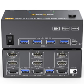 Displayport HDMI KVM Switch 2 PC 3 Monitors KVM 8K @ 60Hz/4K @ 144Hz USB 3.0 KVM Switch with USB 3.0 Cables Wired Controller (8K Triple Monitor KVM)