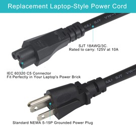 2FT Replacement Laptop AC Power Cord - Universal 3Prong Replacement Computer Power Cable 18AWG Heavy Duty NEMA 5-15P to C5 Replaced 3-Slot C5 Cord Power Supply to PC
