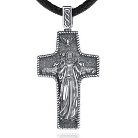 EUDORA Sterling Silver Good Shepherd Cross Necklace for Women Men, Saint Jesus Cross Crucifix Necklaces Religious Pendant Vintage Christians Cross Jewelry, Gift for Women Men, 24"