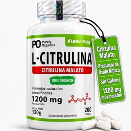 L-Citrulina Malato 1200 mg por Porción, Pre Entreno sin Cafeína, Fórmula Simple, 200 Cápsulas, Purely Organics