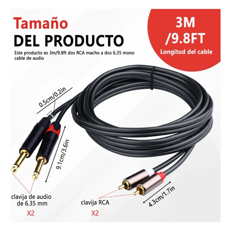 Cable Audio Dual Rca A Plug Ts 6.35mm Longitud 3mts