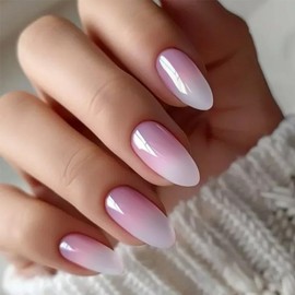24Pcs Pink White Gradient Almond False Nails - French False Nails Medium - French Tip Natural Nude Style - Medium Length Glossy Full Cover Press On Nails for Women Girls Daily Wear