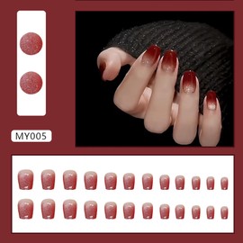 FOXIIU Press on Nails Square Short Red Glossy Full Cover Acrylic Short Square Shaped False Nails with Cat Eyes Designs Artificial Square Short Fake Nails with Glue Stick on Fingernails for Women Girls