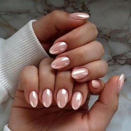 Uñas postizas cortas de cromo rosa nude, uñas postizas almendradas extra cortas brillantes con pegamento y pestañas, uñas postizas ovaladas de donut g