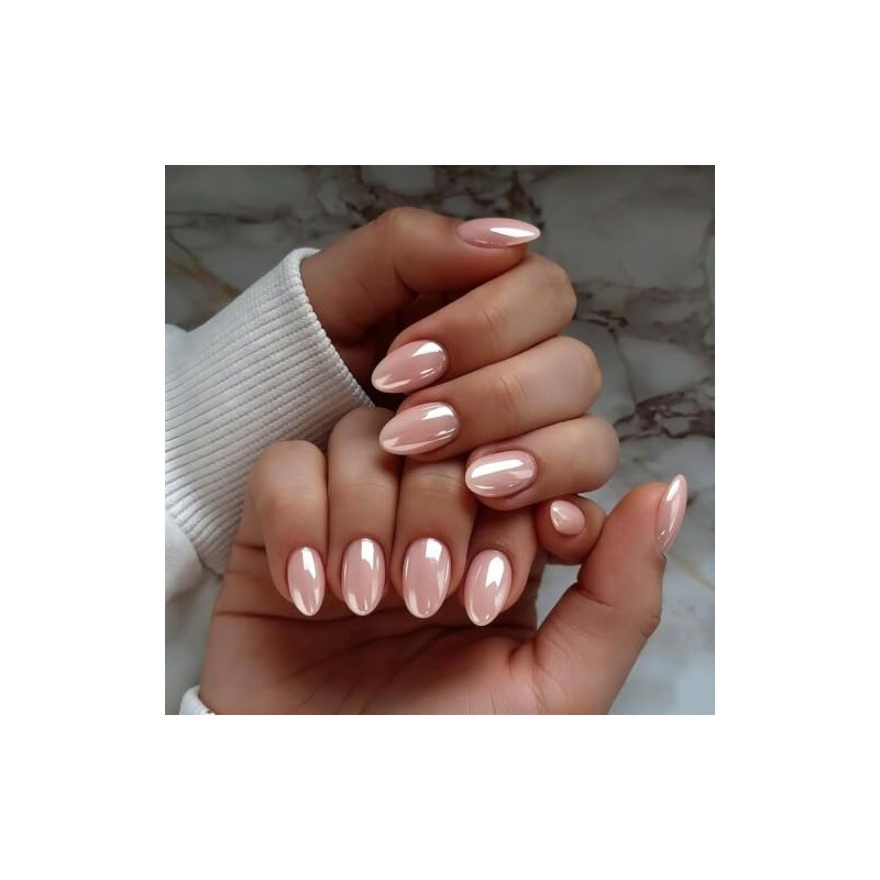 Uñas postizas cortas de cromo rosa nude, uñas postizas almendradas