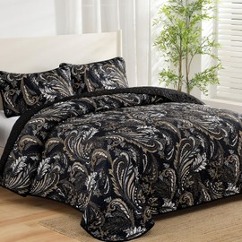 WONGS BEDDING Boho Quilt Set King,Black Paisley Floral Pattern Bedspread Coverlet Set with 2 Pillowcases,3 Piece Lightweight Microfiber Bohemian Quilt Bedding Set 104"×90"